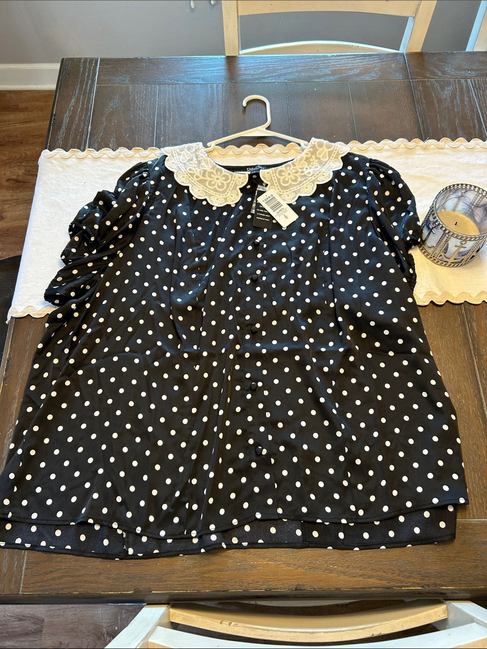 torrid Black and White Polka Dot Blouse with Lace Collar